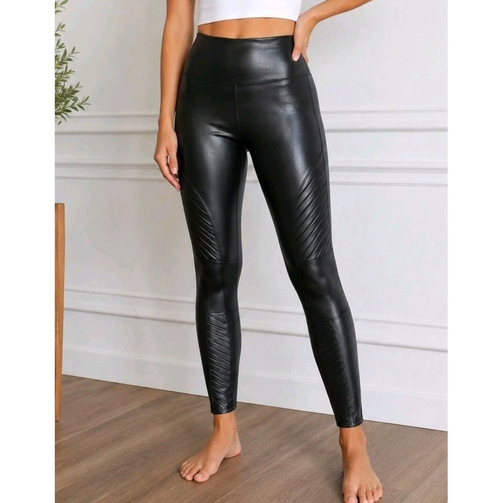 SPANX Faux Leather Moto Leggings XL Black High Rise Shaping Ponte